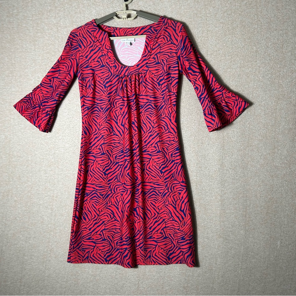 Jude Connally Dress Womens Small Red Navy Sheath Stretch 3/4 Bell Sleeves Resort